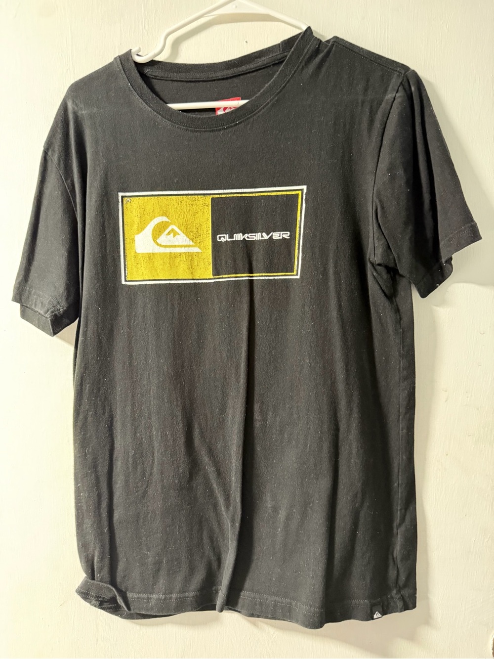 Quiksilver Black Short Sleeve Tee with Yellow Logo Panel